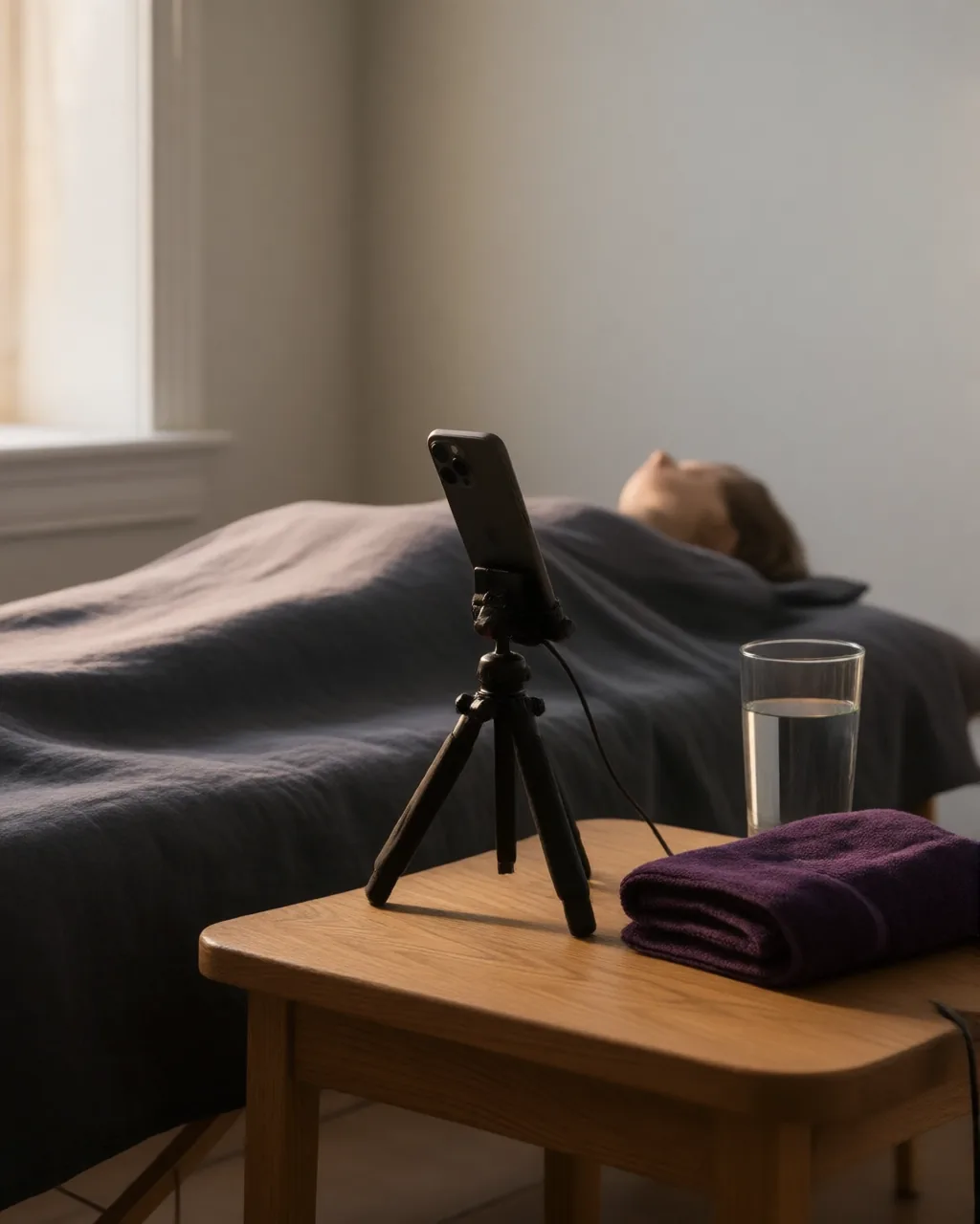A smartphone on a small tripod on an oak side table, its camera pointed at a massage table where a person lies blurred under a charcoal sheet; a folded violet towel and a glass of water beside it.