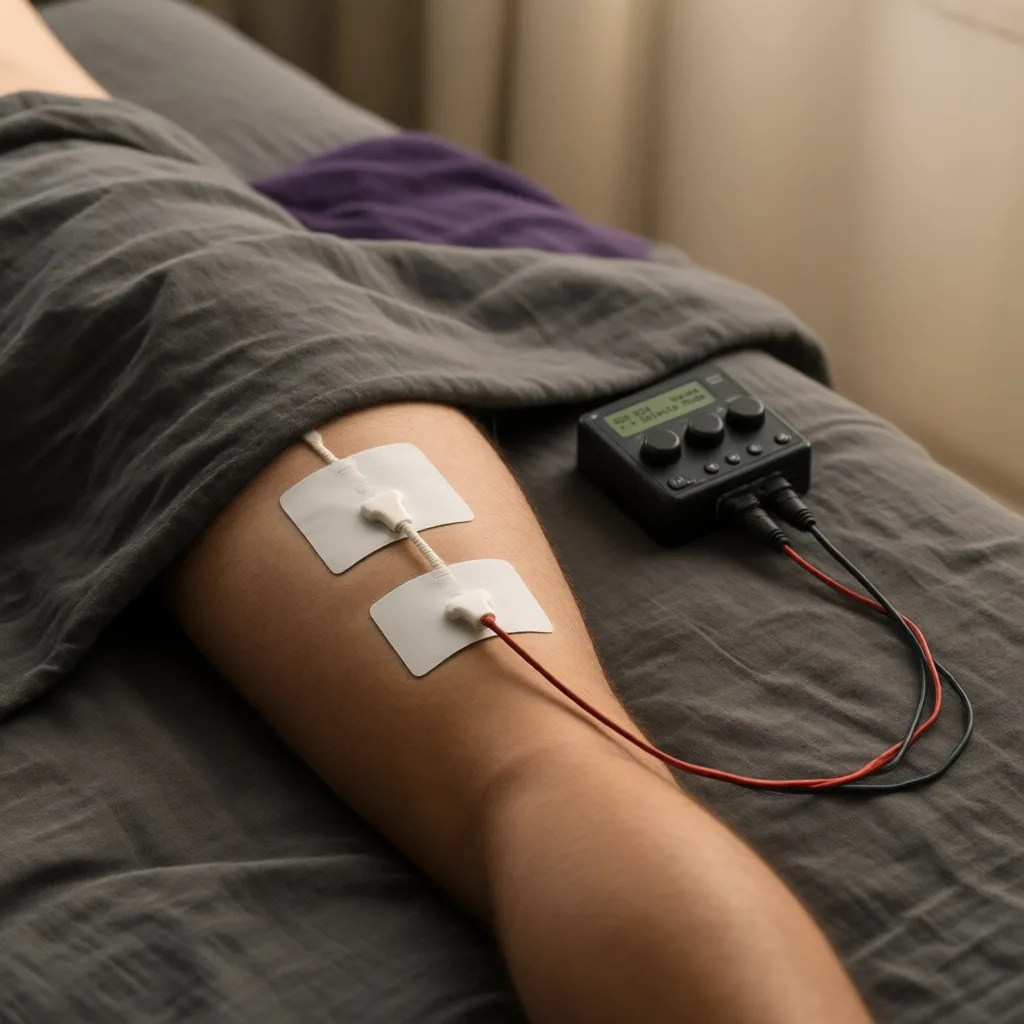 Two small white electrode pads on the back of a man's thigh as he lies face down under a charcoal sheet, their red and black wires running to a small black control box with dials and buttons resting on the sheet beside his leg, its green display reading A28 B24 Waves.