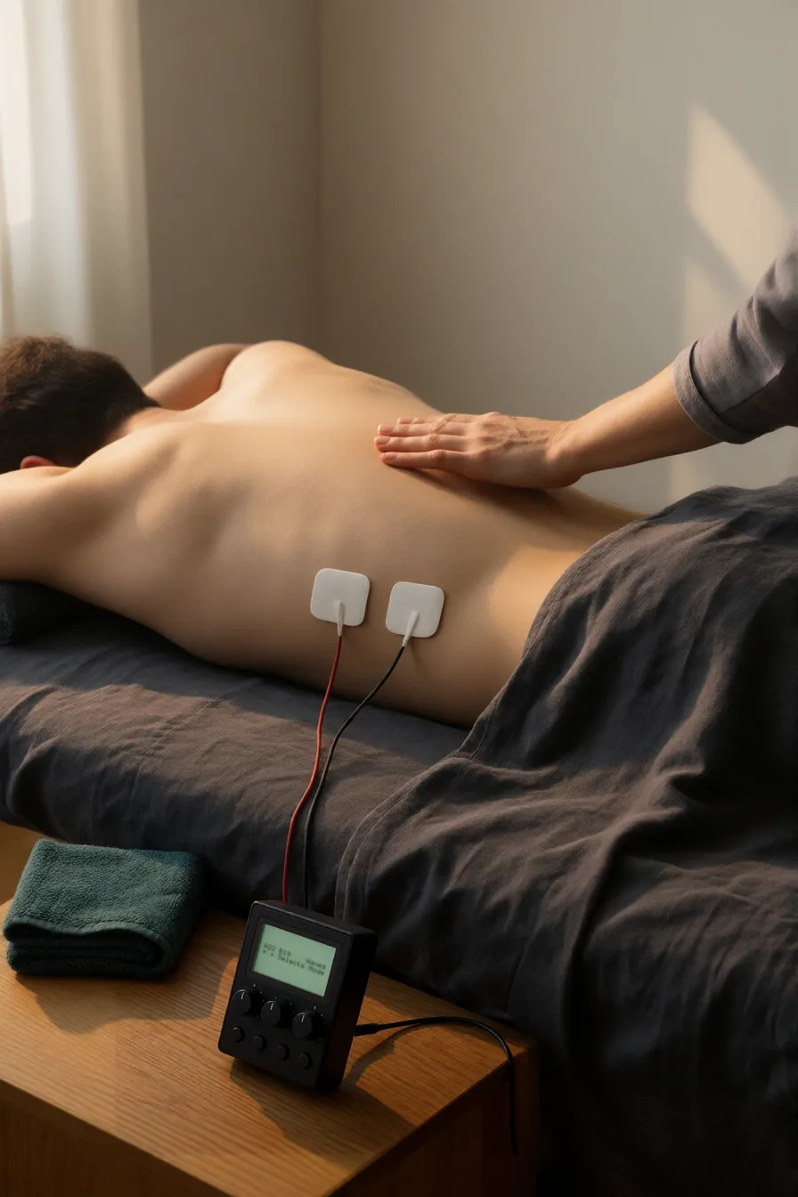 A man's bare back seen from the side as he lies face down: a therapist's hand rests lightly on his shoulder blade while two small white electrode pads sit low on his back at belt height, their red and black wires running to a control box on a side table whose green display reads A22 B19 Waves.