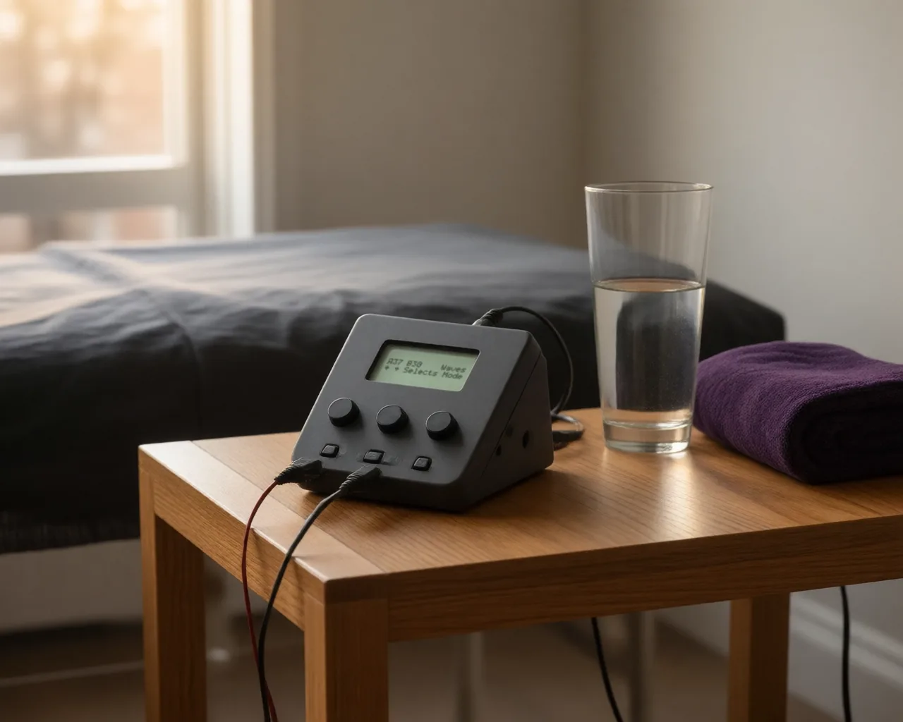 A small black control box with a softly glowing green display reading A37 B30 Waves, three dials and four buttons sits idle on an oak side table, two lead cables plugged into its front, beside a glass of water and a folded violet towel.