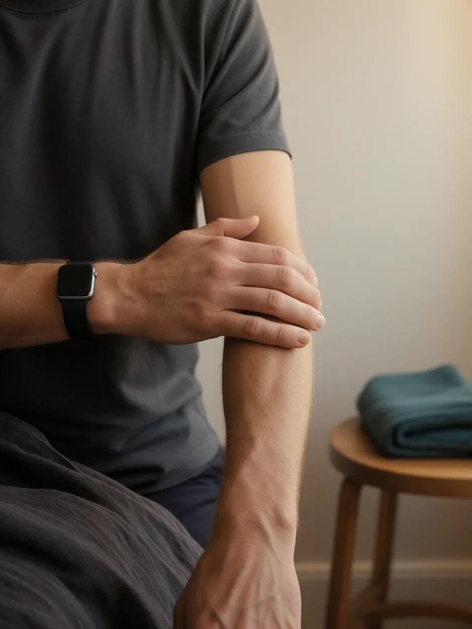 A man rubs the outside of his own forearm below the elbow with his other hand; a dark smartwatch on his wrist, a blurred massage table and teal towel behind.
