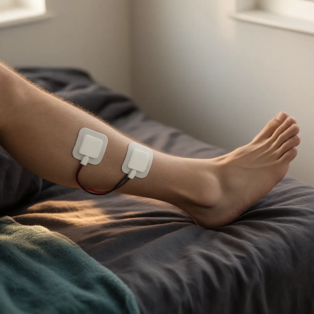 Side view of a man's lower leg on a charcoal sheet, ankle flexed and calf defined, with two small white electrode pads placed along the calf muscle, their red and black wires running off the sheet, and a teal towel at the corner.