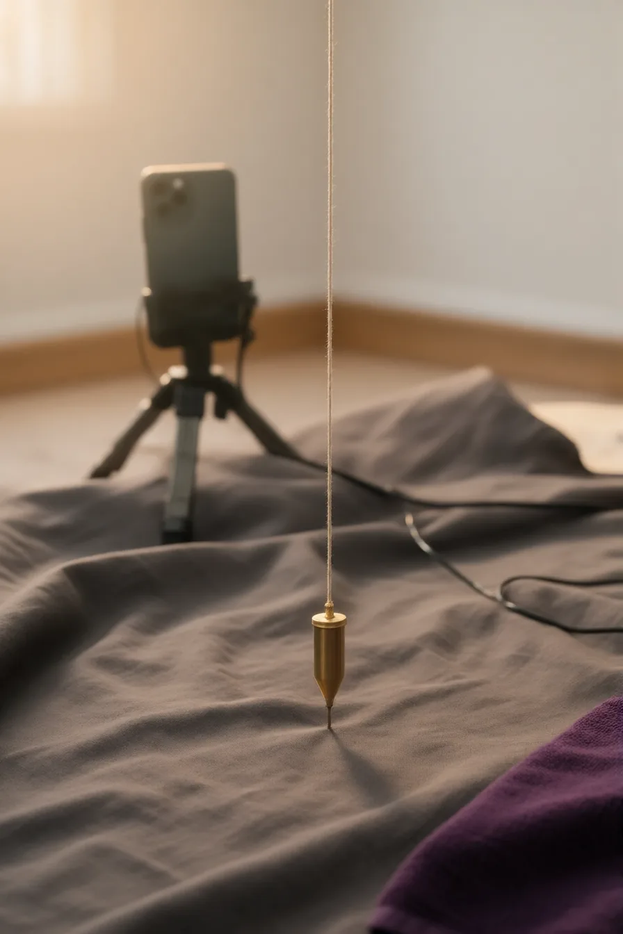 A brass plumb bob hangs still on a thin string in front of draped charcoal linen, with a phone on a tripod blurred in the background.