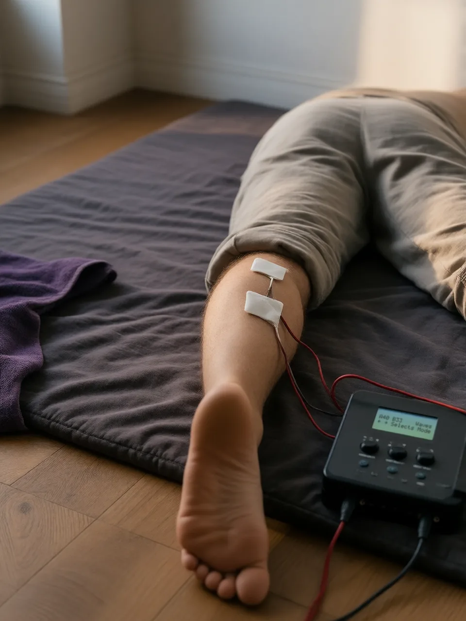 Looking down a man's bare lower leg as he lies face down on a charcoal floor mat, his linen trouser cuff rolled above the knee, two small white electrode pads placed along the calf and their red and black wires running to a small control box at the edge of the mat, its green display reading A40 B33 Waves.