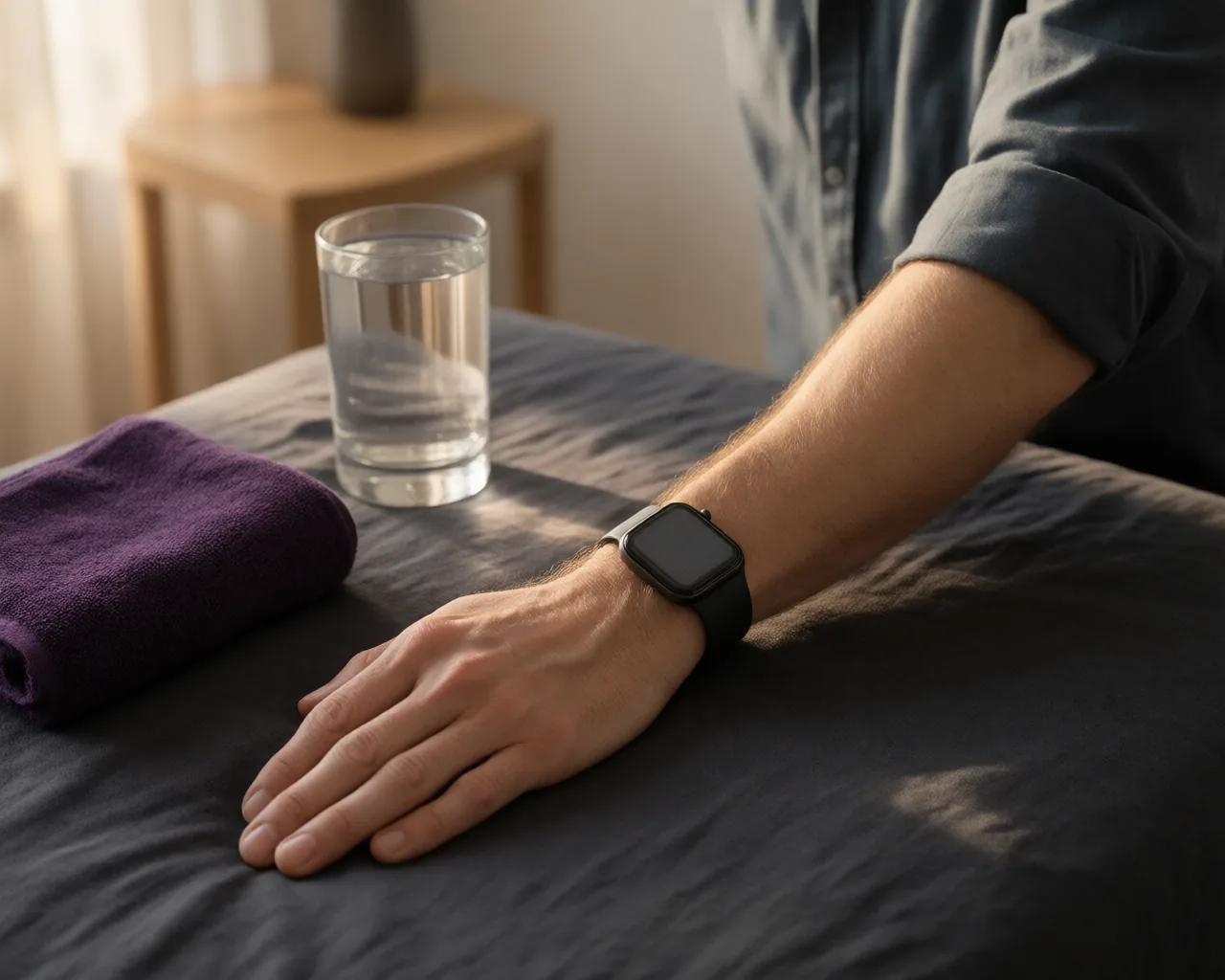 A relaxed forearm rests palm-down on a charcoal sheet wearing a dark smartwatch, beside a glass of water and a folded violet towel.